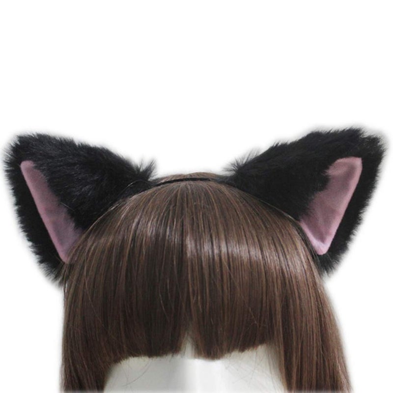 lasenersm Cat Fox Long Fur Ears Headband - Size: approx. 10x10cm, Color: Black fluff with Pink Inside, Material: Faux Fur, Costume Headband for Anime Cosplay Party Costume, Halloween, Carnival - Image 1